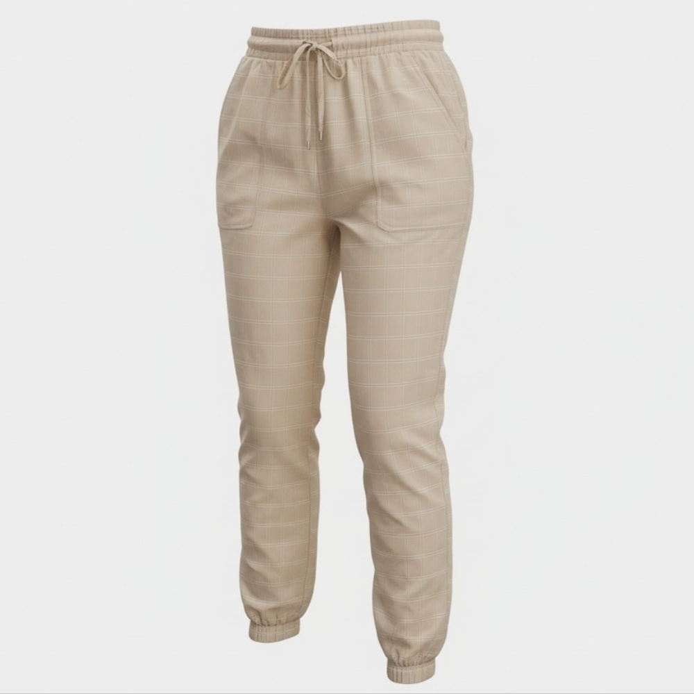 Nine West Tie Waist Jogger Pants Large Beige Plaid Comfort Stretch Elastic Waist
